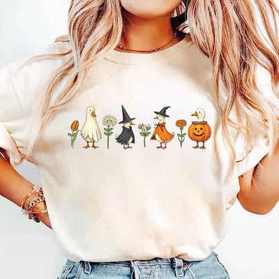 Halloween Goose Shirt, Cute Fall Pumpkin Witch Goose Tee, Ghost Goose Autumn Short Sleeve Shirt, Fall Animal Unisex Short Sleeve Shirt