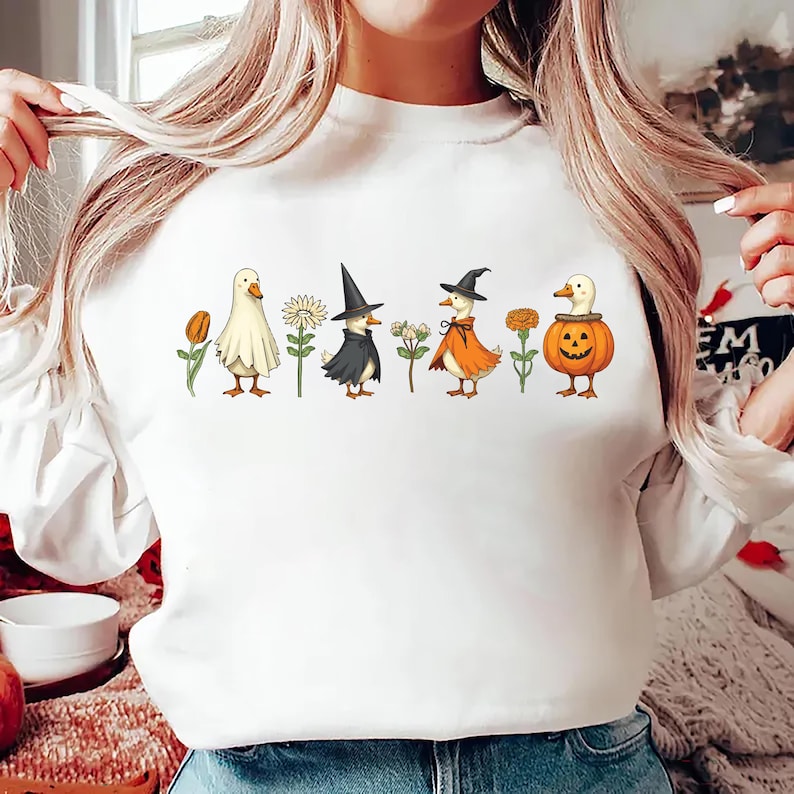 Halloween Goose Shirt, Cute Fall Pumpkin Witch Goose Tee, Ghost Goose Autumn Short Sleeve Shirt, Fall Animal Unisex Short Sleeve Shirt