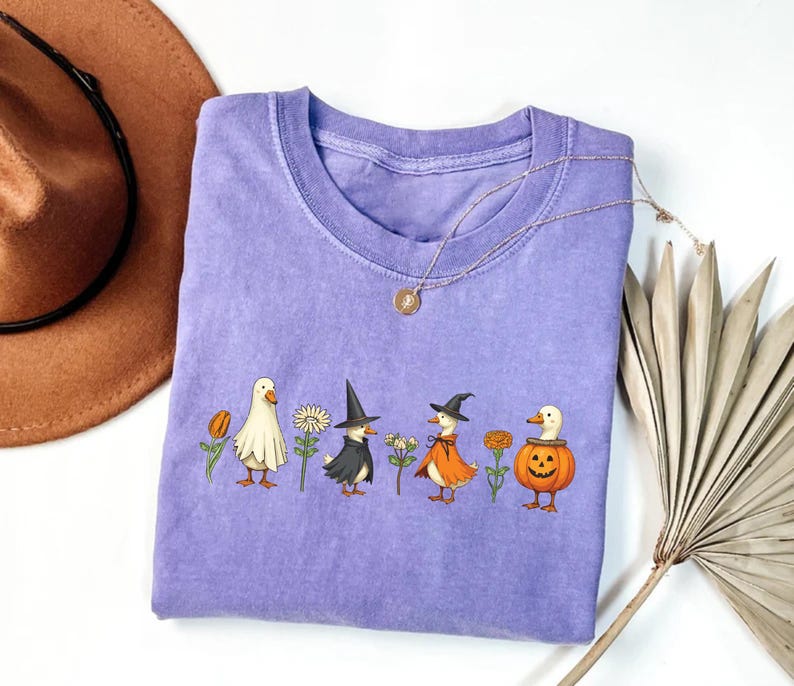 Halloween Goose Shirt, Cute Fall Pumpkin Witch Goose Tee, Ghost Goose Autumn Short Sleeve Shirt, Fall Animal Unisex Short Sleeve Shirt