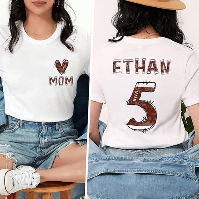 Custom Football Mom Short Sleeve Shirt, Football Season Mama Short Sleeve Shirt, Football Kids Name, Jersey Number Tee, Unisex Game Day Short Sleeve Shirt