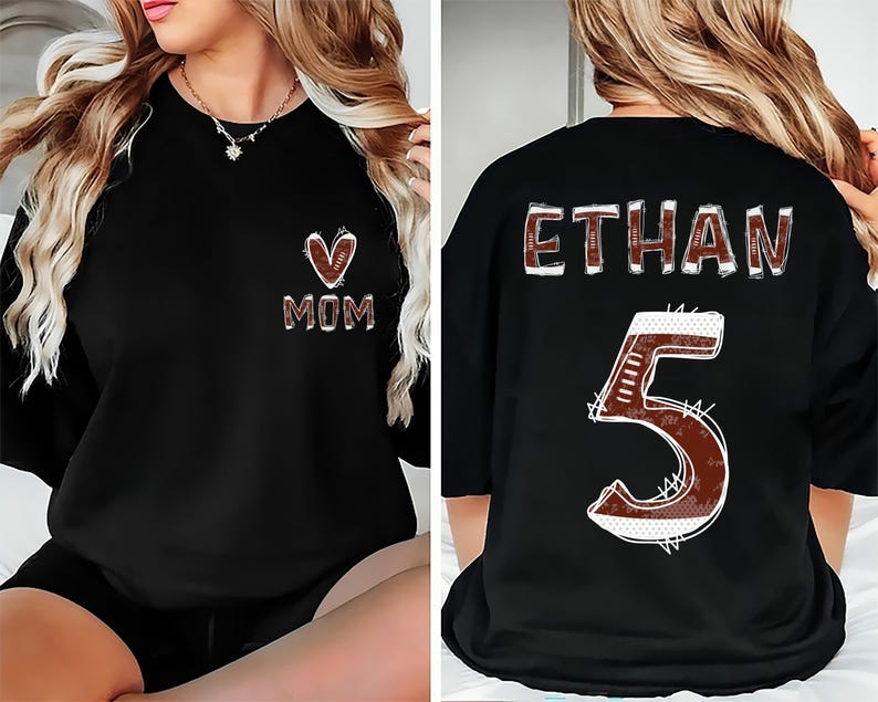 Custom Football Mom Short Sleeve Shirt, Football Season Mama Short Sleeve Shirt, Football Kids Name, Jersey Number Tee, Unisex Game Day Short Sleeve Shirt