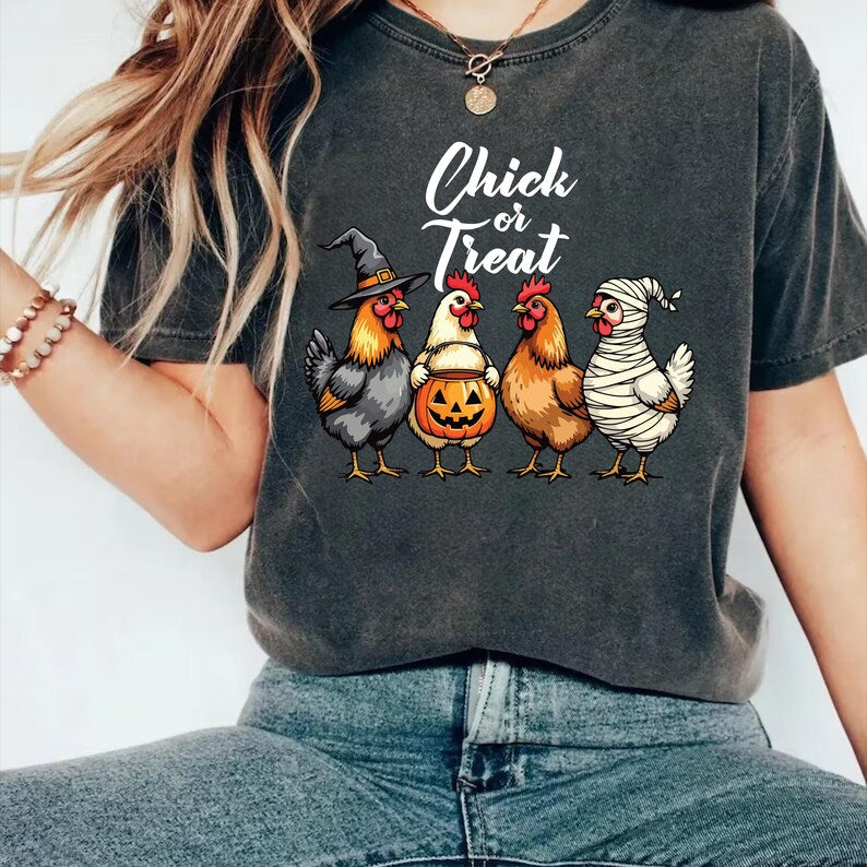 Chick Or Treat Short Sleeve Shirt, Halloween Chicken Tee, Funny Fall Short Sleeve Shirt, Cute Halloween Chicken Top, Trick Or Treat Unisex Short Sleeve Shirt
