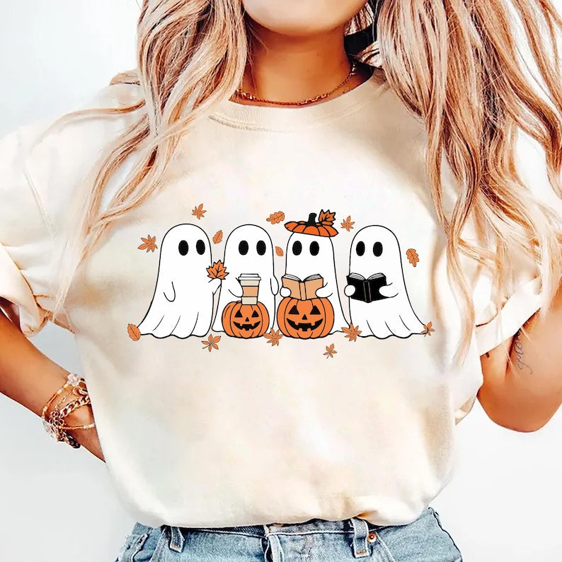 Fall Ghost Short Sleeve Shirt, Floral Ghost Tee, Halloween Ghost Top, Flower Halloween Short Sleeve Shirt, Unisex Cute Ghost Fall Short Sleeve Shirt