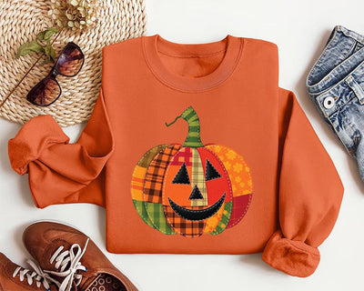 Patchwork Pumpkin Sweatshirt, Halloween Patchwork SweatShirt, Cute Jack-o’-Lantern Top, Unisex Fall Pumpkin SweatShirt