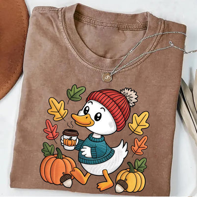 Trendy Cute Fall Duck Short Sleeve Shirt, Cozy Autumn Coffee Short Sleeve Shirt, Pumpkin Patch Duck Tee, Preppy Duck Short Sleeve Shirt