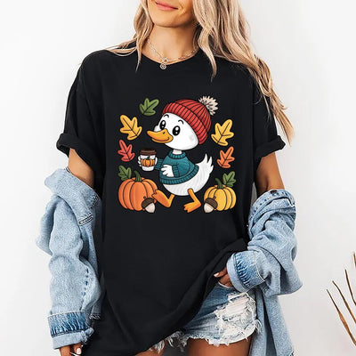 Trendy Cute Fall Duck Short Sleeve Shirt, Cozy Autumn Coffee Short Sleeve Shirt, Pumpkin Patch Duck Tee, Preppy Duck Short Sleeve Shirt
