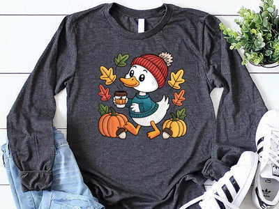Trendy Cute Fall Duck Long Sleeve Shirt, Cozy Autumn Coffee Long  Sleeve Shirt, Pumpkin Patch Duck Long Sleeve Shirt