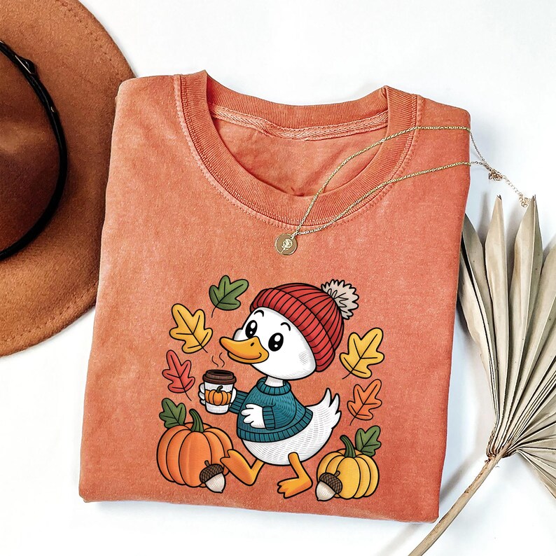 Trendy Cute Fall Duck Short Sleeve Shirt, Cozy Autumn Coffee Short Sleeve Shirt, Pumpkin Patch Duck Tee, Preppy Duck Short Sleeve Shirt
