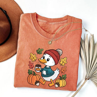 Trendy Cute Fall Duck Short Sleeve Shirt, Cozy Autumn Coffee Short Sleeve Shirt, Pumpkin Patch Duck Tee, Preppy Duck Short Sleeve Shirt