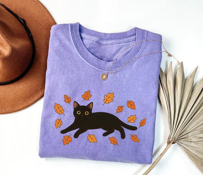 Black Cat Short Sleeve Shirt, Cozy Halloween Short Sleeve Shirt, Black Cat Fall Tee, Cat Lover Gift Short Sleeve Shirt, Unisex Cute Halloween Cats Short Sleeve Shirt