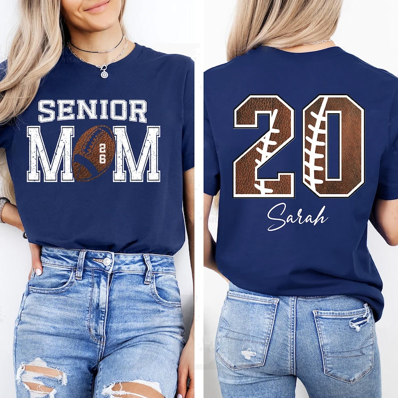Custom Senior Football Mom Short Sleeve Shirt, Personalized Team Spirit Tee With Kids Name and Number, Customized Game Day Short Sleeve Shirt