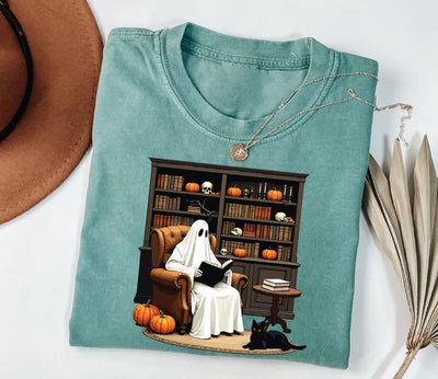 Halloween Ghost Book Reading Short Sleeve Shirt, Retro Bookish Halloween Short Sleeve Shirt, Boo Ghost School Tee