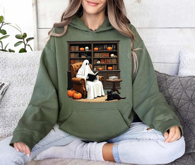 Halloween Ghost Book Reading Hoodie, Retro Bookish Halloween Hoodie, Boo Ghost School Hoodie