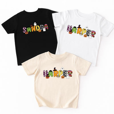Custom Kids Halloween Name Short Sleeve Shirt, Toddler Spooky Tee, Kindergarten Halloween Shirt With Name, Personalized Unisex Short Sleeve Shirt