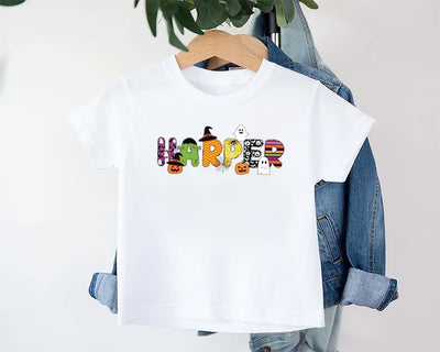 Custom Kids Halloween Name Short Sleeve Shirt, Toddler Spooky Tee, Kindergarten Halloween Shirt With Name, Personalized Unisex Short Sleeve Shirt