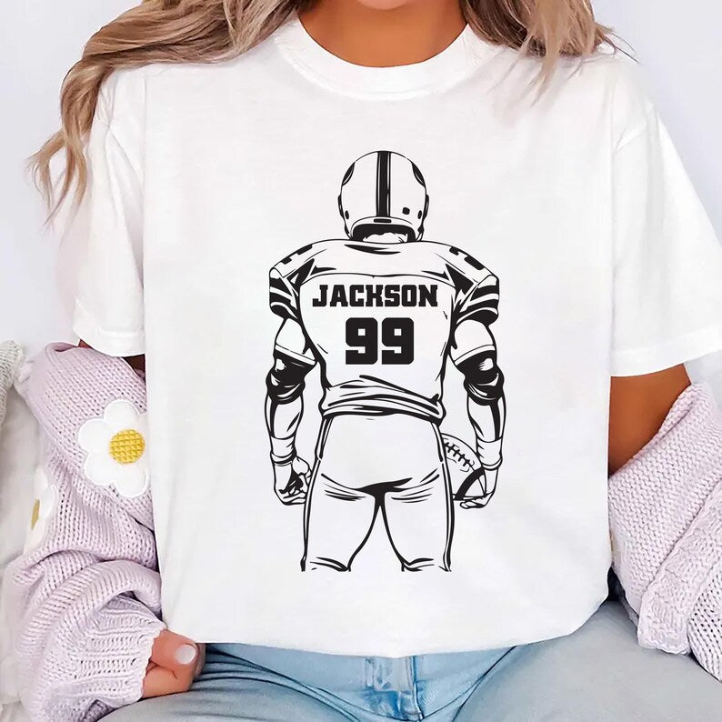 Football Player Silhouette Short Sleeve Shirt, Custom Name and Number Short Sleeve Shirt, Personalized Sports Tee