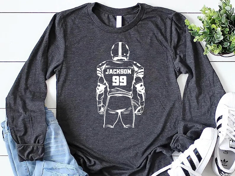 Football Player Silhouette Long Sleeve Shirt, Custom Name and Number Long Sleeve Shirt, Personalized Sports Long Sleeve Shirt