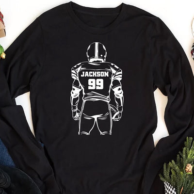 Football Player Silhouette Long Sleeve Shirt, Custom Name and Number Long Sleeve Shirt, Personalized Sports Long Sleeve Shirt