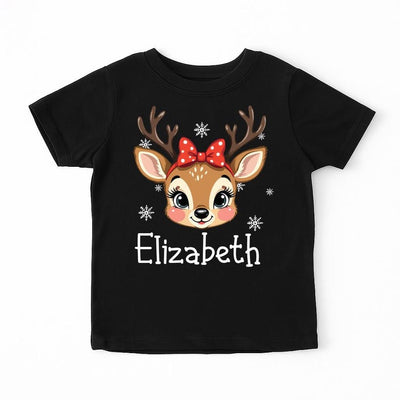 Personalized Girls Christmas Short Sleeve Shirt, Custom Reindeer Name Toddler Short Sleeve Shirt, Custom Retro Xmas Girls Tee