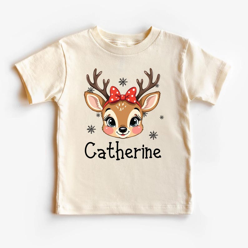 Personalized Girls Christmas Short Sleeve Shirt, Custom Reindeer Name Toddler Short Sleeve Shirt, Custom Retro Xmas Girls Tee