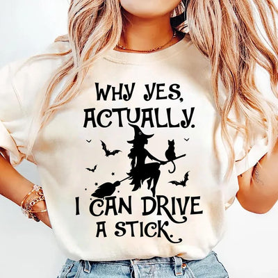 Yes I Can Drive A Stick Short Sleeve Shirt, Halloween Women Short Sleeve Shirt, Funny Halloween Tee, Halloween Gift Short Sleeve Shirt