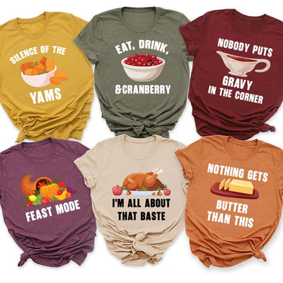 Custom Thanksgiving Family Dinner Short Sleeve Shirt, Thanksgiving Puns Short Sleeve Shirt, Thanksgiving Foods Group Tee