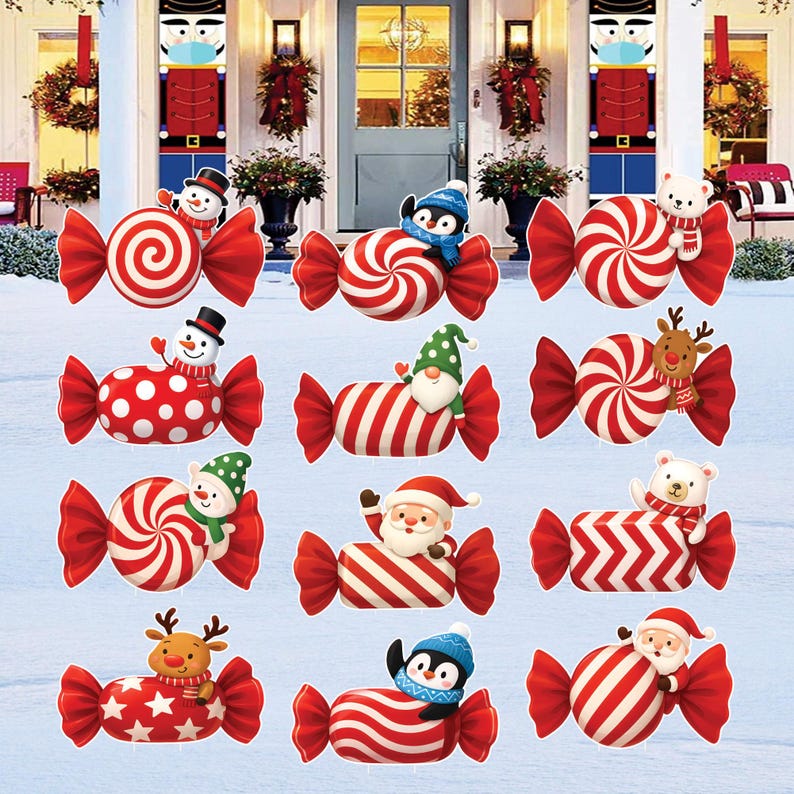 Christmas Candy Yard Signs, Santa Reindeer Penguin Bear Lawn Decorations with Stakes, Waterproof Outdoor Holiday Garden Patio Xmas Décor