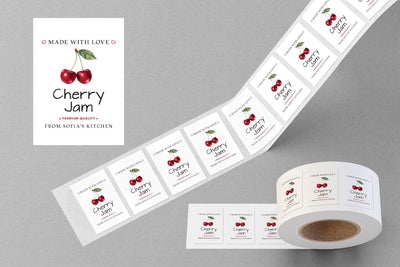 Personalized Cherry Jam Roll Labels, Custom Cherry Jam Product Stickers, Business Cherry Jam Labels for Jars, Canning, Lid Stickers