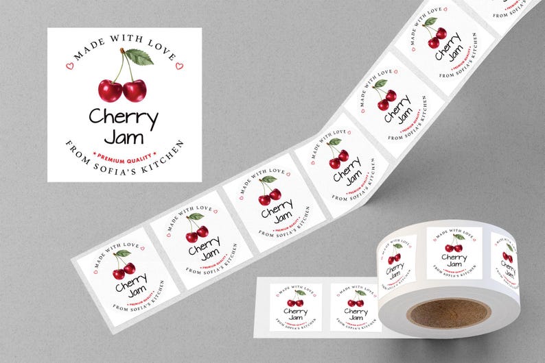 Personalized Cherry Jam Roll Labels, Custom Cherry Jam Product Stickers, Business Cherry Jam Labels for Jars, Canning, Lid Stickers