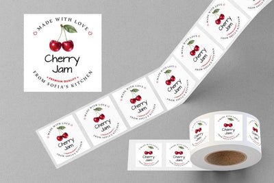 Personalized Cherry Jam Roll Labels, Custom Cherry Jam Product Stickers, Business Cherry Jam Labels for Jars, Canning, Lid Stickers