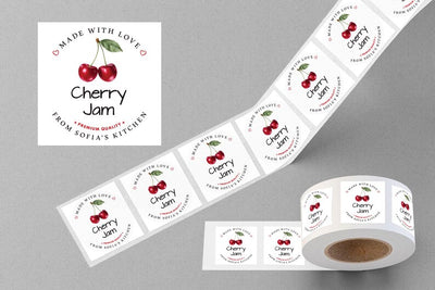 Personalized Cherry Jam Roll Labels, Custom Cherry Jam Product Stickers, Business Cherry Jam Labels for Jars, Canning, Lid Stickers