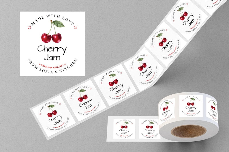 Personalized Cherry Jam Roll Labels, Custom Cherry Jam Product Stickers, Business Cherry Jam Labels for Jars, Canning, Lid Stickers