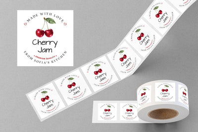 Personalized Cherry Jam Roll Labels, Custom Cherry Jam Product Stickers, Business Cherry Jam Labels for Jars, Canning, Lid Stickers