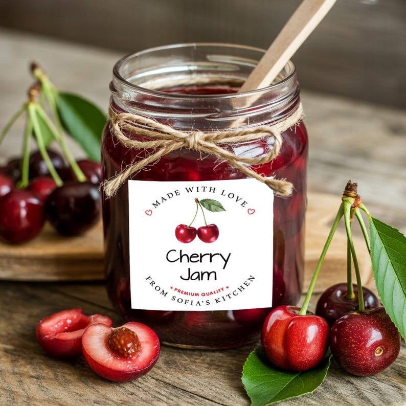 Personalized Cherry Jam Roll Labels, Custom Cherry Jam Product Stickers, Business Cherry Jam Labels for Jars, Canning, Lid Stickers