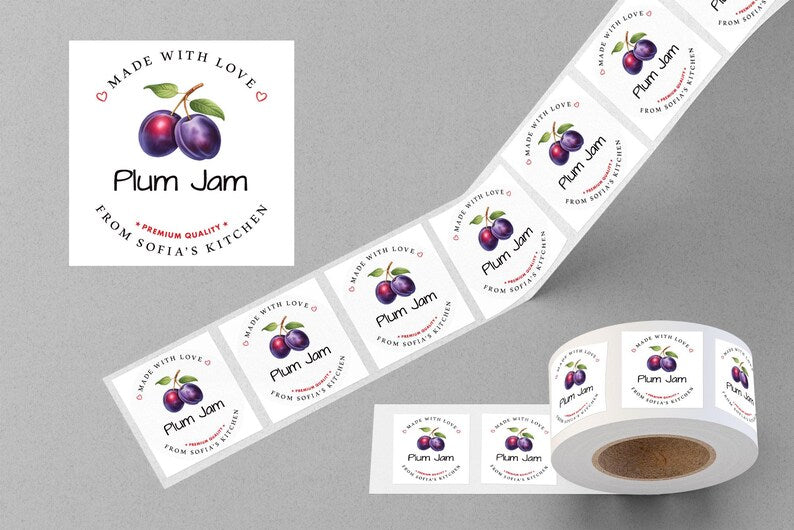 Personalized Plum Jam Roll Labels, Custom Plum Jam Product Stickers, Business Plum Jam Labels for Jars, Plum Jam Canning, Lid Stickers