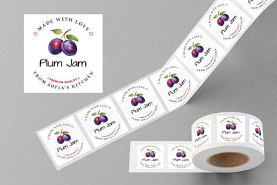 Personalized Plum Jam Roll Labels, Custom Plum Jam Product Stickers, Business Plum Jam Labels for Jars, Plum Jam Canning, Lid Stickers