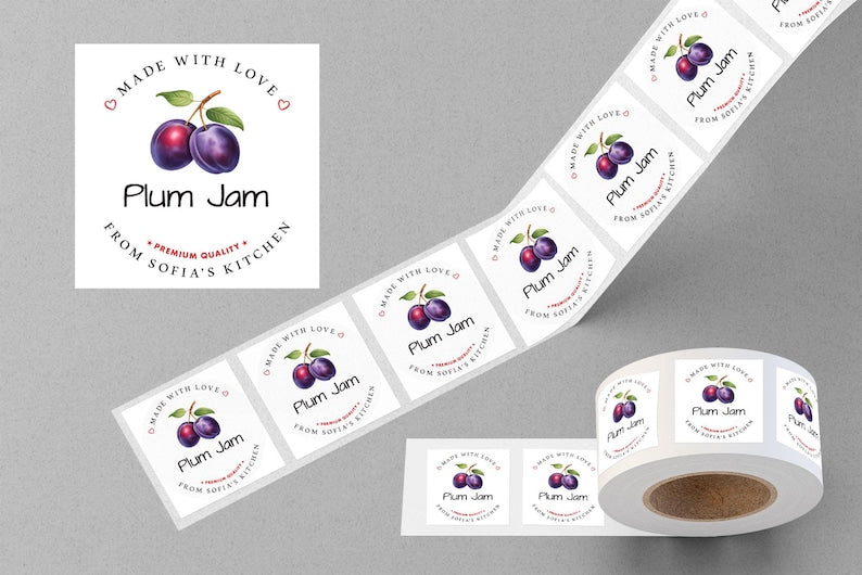 Personalized Plum Jam Roll Labels, Custom Plum Jam Product Stickers, Business Plum Jam Labels for Jars, Plum Jam Canning, Lid Stickers