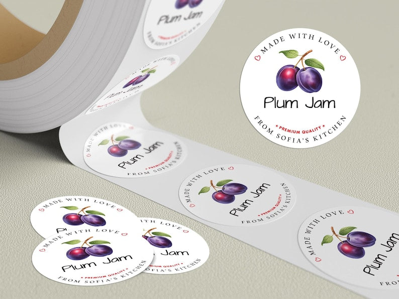Personalized Plum Jam Roll Labels, Custom Plum Jam Product Stickers, Business Plum Jam Labels for Jars, Plum Jam Canning, Lid Stickers