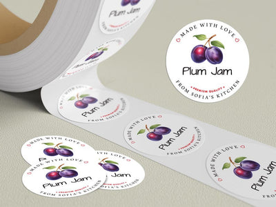 Personalized Plum Jam Roll Labels, Custom Plum Jam Product Stickers, Business Plum Jam Labels for Jars, Plum Jam Canning, Lid Stickers