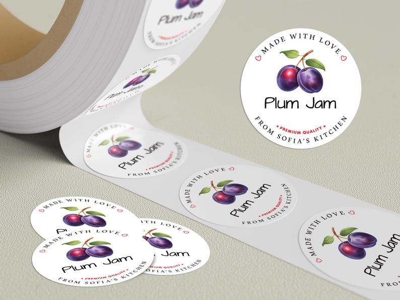 Personalized Plum Jam Roll Labels, Custom Plum Jam Product Stickers, Business Plum Jam Labels for Jars, Plum Jam Canning, Lid Stickers