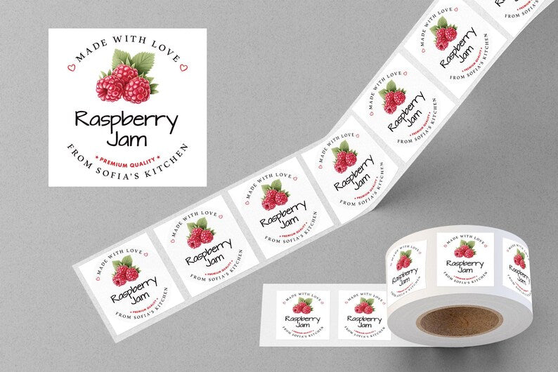 Personalized Raspberry Jam Roll Labels, Custom Raspberry Jam Product Stickers, Business Raspberry Jam Labels for Jars, Canning, Lid Stickers