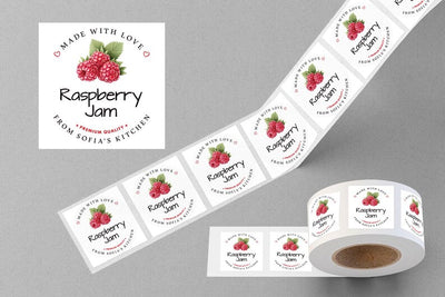 Personalized Raspberry Jam Roll Labels, Custom Raspberry Jam Product Stickers, Business Raspberry Jam Labels for Jars, Canning, Lid Stickers