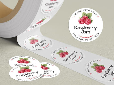 Personalized Raspberry Jam Roll Labels, Custom Raspberry Jam Product Stickers, Business Raspberry Jam Labels for Jars, Canning, Lid Stickers
