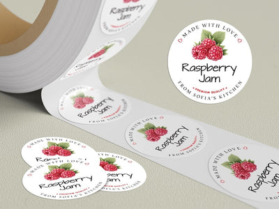 Personalized Raspberry Jam Roll Labels, Custom Raspberry Jam Product Stickers, Business Raspberry Jam Labels for Jars, Canning, Lid Stickers