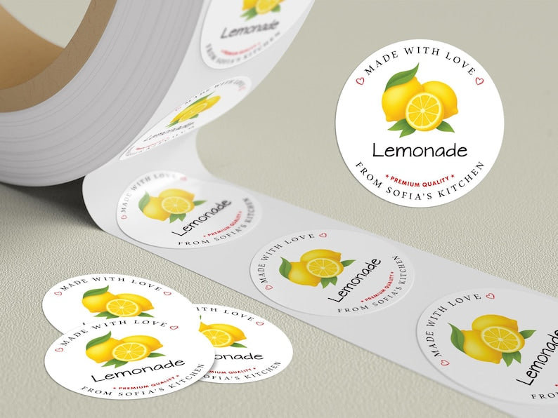 Personalized Lemonade Roll Labels, Custom Lemonade Product Stickers, Business Labels for Bottles & Jars, Homemade, Canning, Lid Stickers