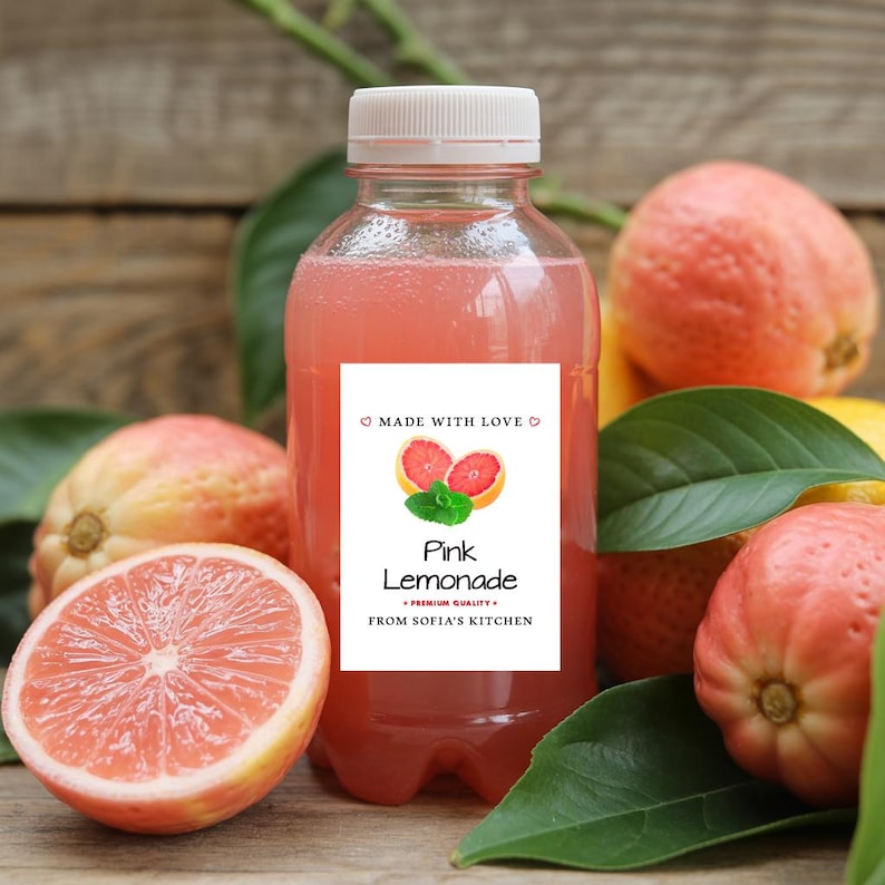 Personalized Pink Lemonade Roll Labels, Custom Pink Lemonade Product Stickers, Business Labels for Bottles & Jars, Canning, Lid Stickers