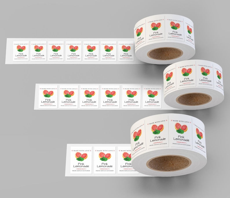 Personalized Pink Lemonade Roll Labels, Custom Pink Lemonade Product Stickers, Business Labels for Bottles & Jars, Canning, Lid Stickers
