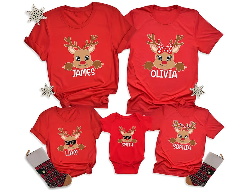Reindeer Family Christmas Short Sleeve Shirt, Personalized Christmas Family Short Sleeve Shirt, Custom Family Name Tee, Funny Christmas Short Sleeve Shirt