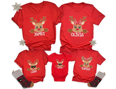 Reindeer Family Christmas Short Sleeve Shirt, Personalized Christmas Family Short Sleeve Shirt, Custom Family Name Tee, Funny Christmas Short Sleeve Shirt