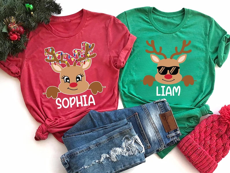 Reindeer Family Christmas Short Sleeve Shirt, Personalized Christmas Family Short Sleeve Shirt, Custom Family Name Tee, Funny Christmas Short Sleeve Shirt